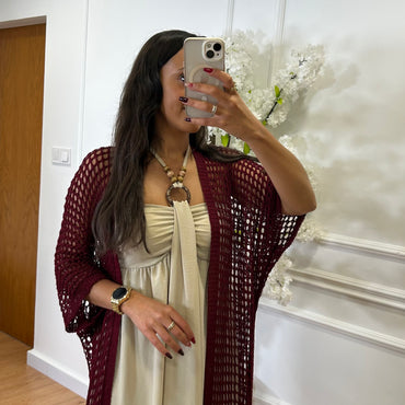 Kimono Comprido Crochet Bordo