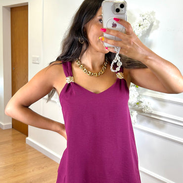 Conjunto blusa detalhes dourados + Pantalona em Berinjela