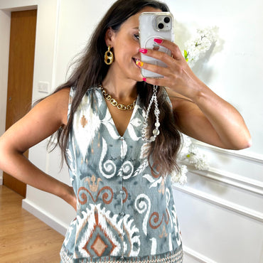 Conjunto Blusa + Pantalona com padrao Verde Seco
