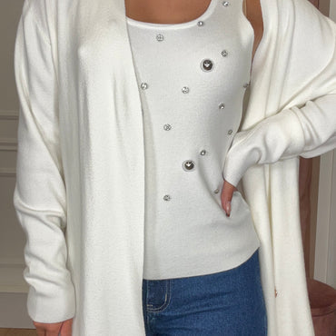 Conjunto Top com brilhos + Casaco Branco