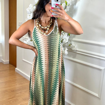 Vestido Zig Zag com fio dourado em Verde
