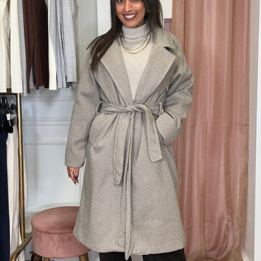 Casaco de Fazenda Midi Camel com risca Preta Texturado