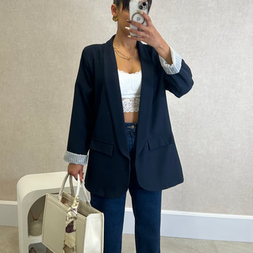 Blazer com Forro Listrado Azul Marinho