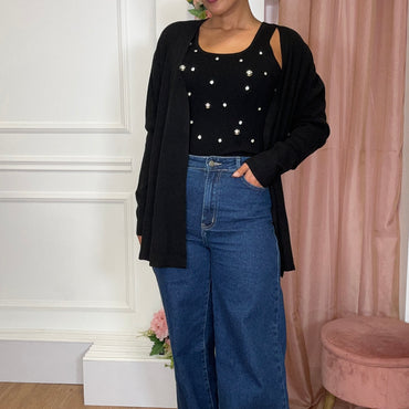 Conjunto Top com brilhos + Casaco Preto