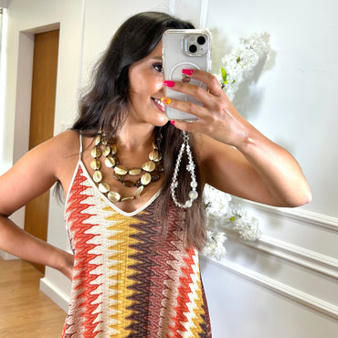 Vestido Zig Zag com fio dourado em Laranja
