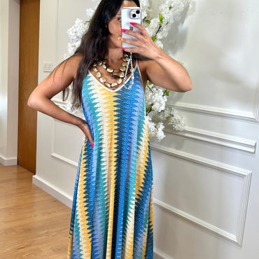 Vestido Zig Zag com fio dourado em Azul