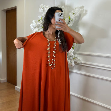 Vestido oversize com folho na manga em Tijolo