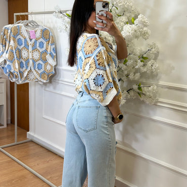 Calça de Ganga Wide Leg REDIAL Com Flores 3D