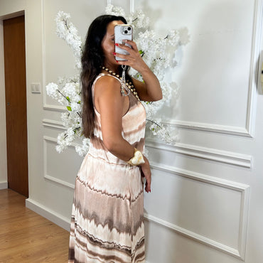 Vestido Malha Fria comprido estampado Bege