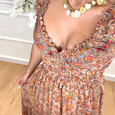 Vestido Indiano Estampado Taupe