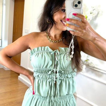Conjunto top com laço + Pantalona Verde Água