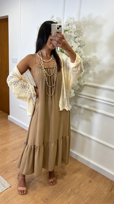 Vestido Com Folho e repuxado Camel