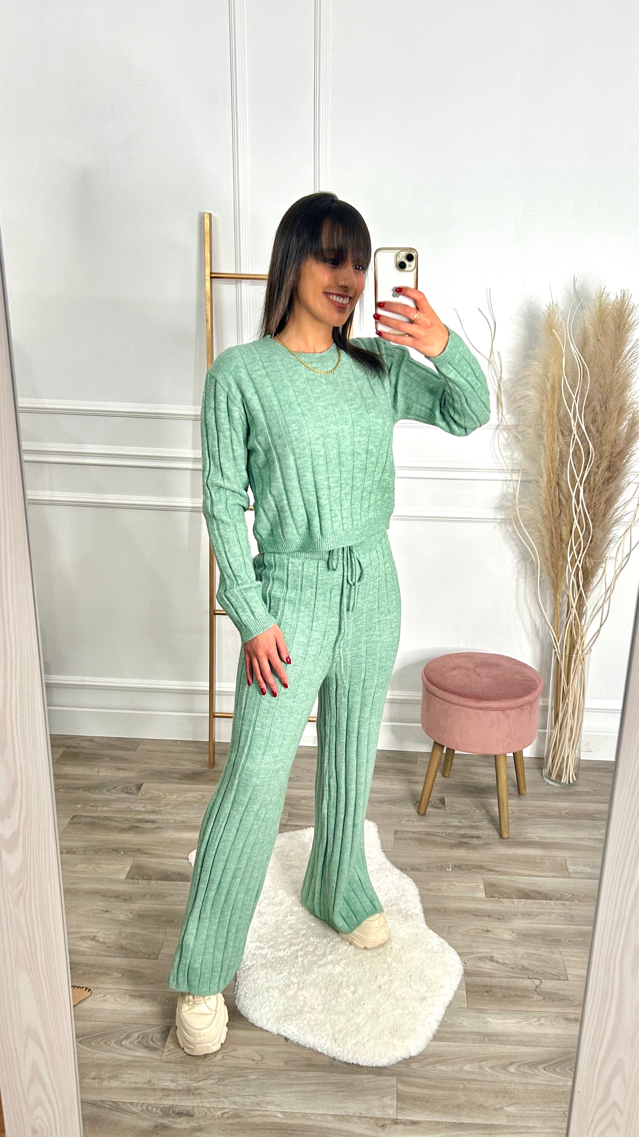 Conjunto Malha Canelado Camisola + Pantalona Verde Agua