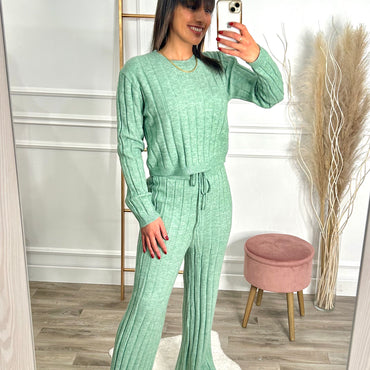 Conjunto Malha Canelado Camisola + Pantalona Verde Agua