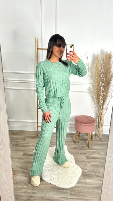 Conjunto Malha Canelado Camisola + Pantalona Verde Agua