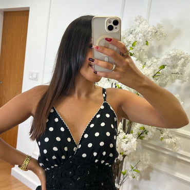 Vestido Bolinhas com Crochet Preto
