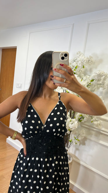 Vestido Bolinhas com Crochet Preto