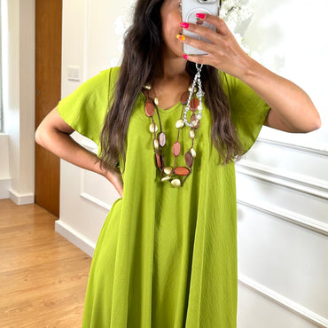 Vestido Midi oversize com folho na manga Verde Azeitona