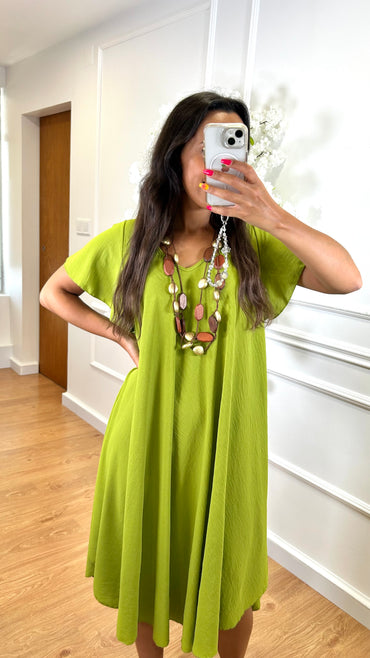 Vestido Midi oversize com folho na manga Verde Azeitona