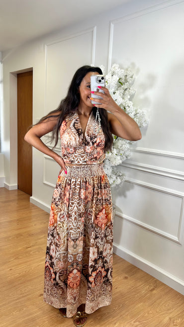 Conjunto Top + Saia com estampado em Laranja