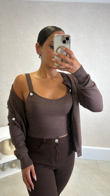 Conjunto Cardigan com perolas+ Top Castanho