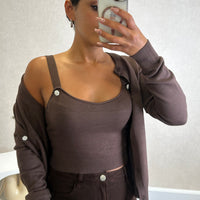 Conjunto Cardigan com perolas+ Top Castanho