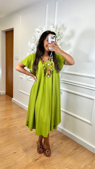 Vestido Midi oversize com folho na manga Verde Azeitona
