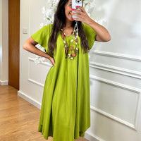 Vestido Midi oversize com folho na manga Verde Azeitona