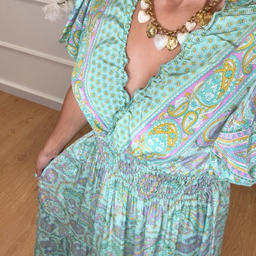 Vestido Indiano Com Manga Verde Água