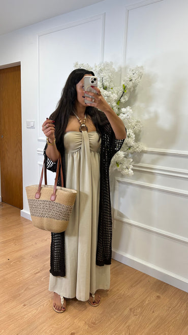 Kimono Comprido Crochet Castanho