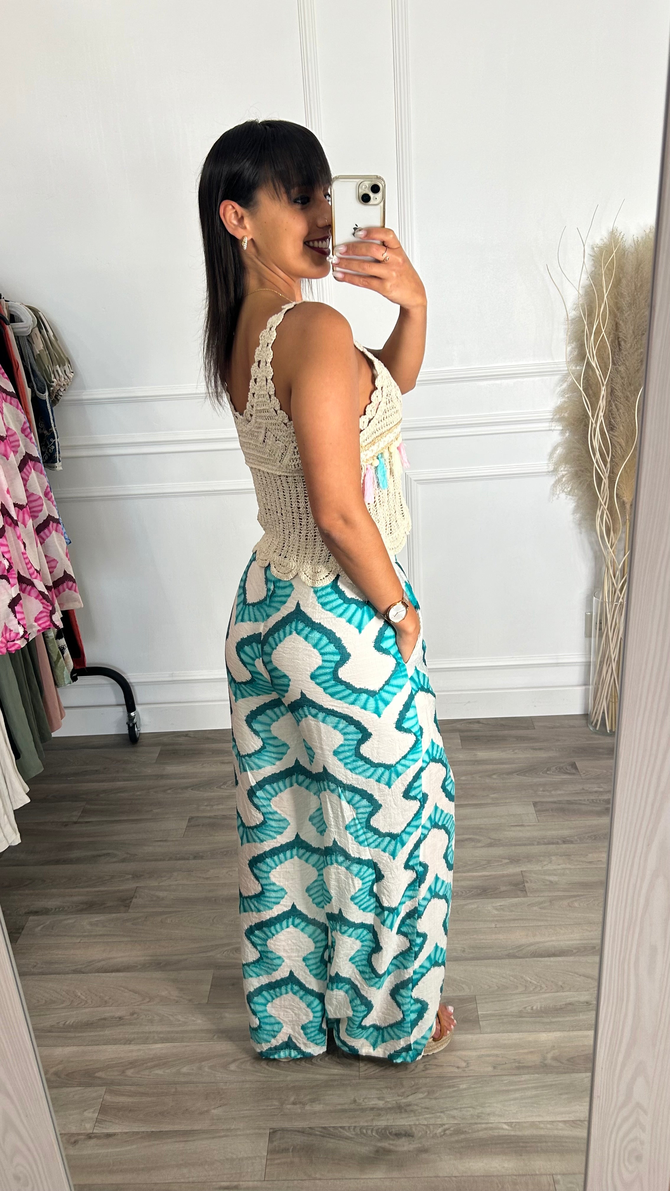 Pantalona Padrão Verde Água