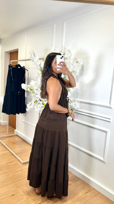 Conjunto Top + Saia em Castanho