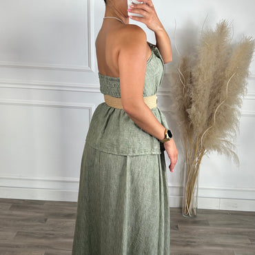 Conjunto saia + top repuxado verde seco