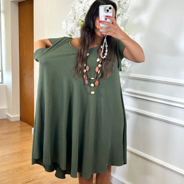 Vestido Midi oversize com folho na manga Verde Tropa