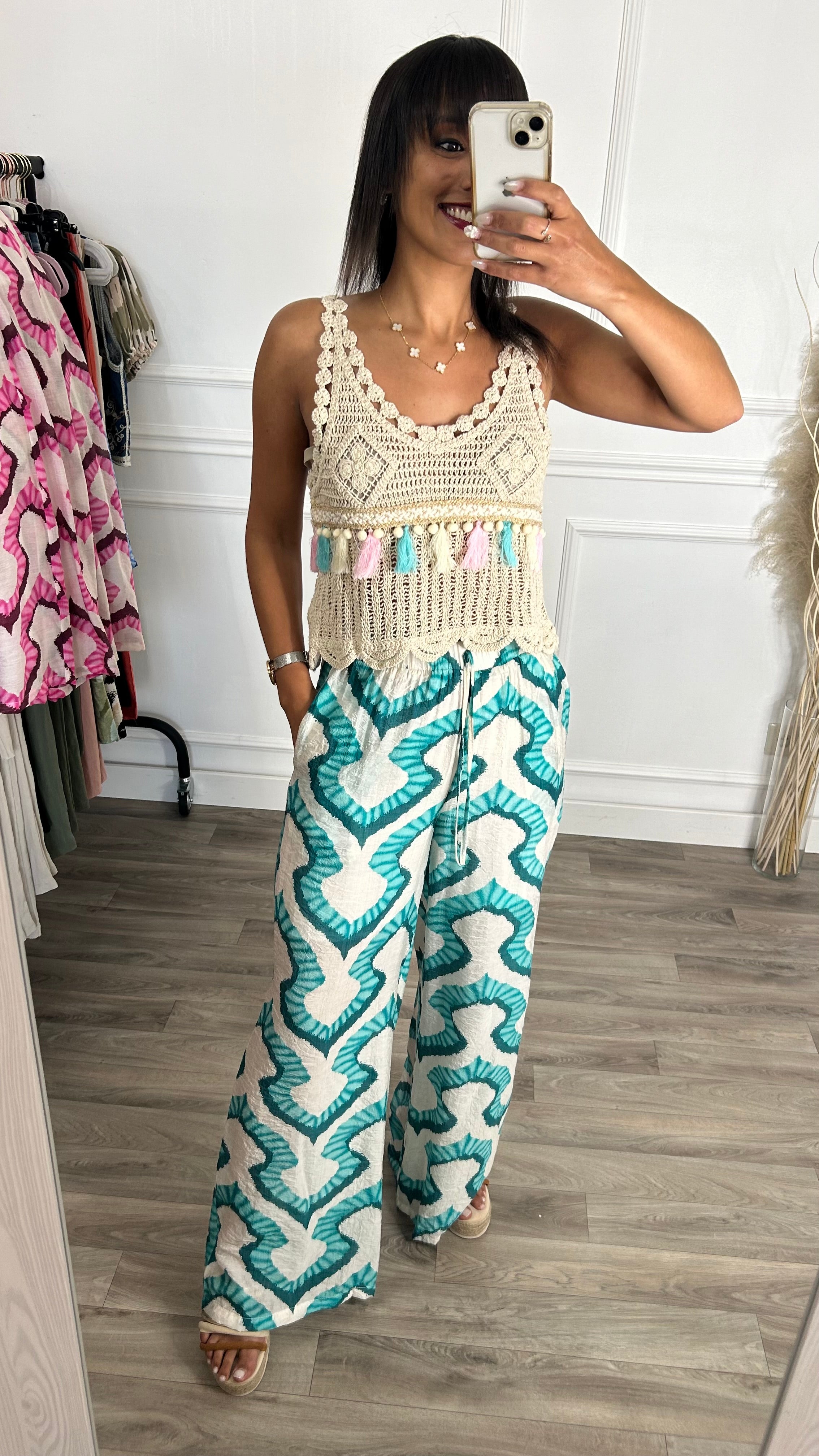 Pantalona Padrão Verde Água