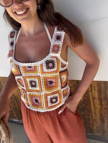 Top Crochet tons cor tijolo e castanho