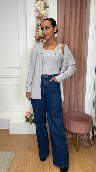 Conjunto Top com brilhos + Casaco Cinza