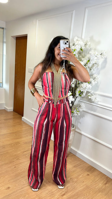 Conjunto Top + Pantalona Riscas Vermelho e Bordo