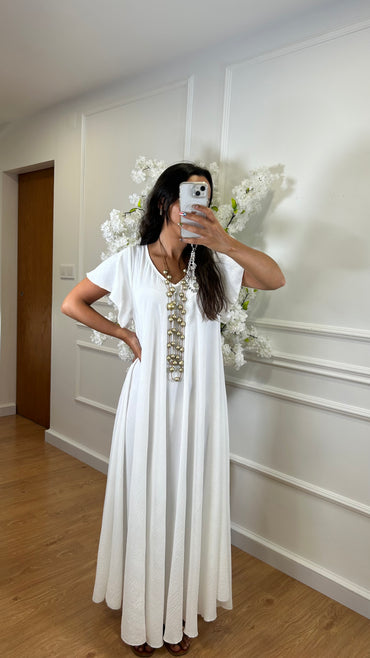 Vestido oversize com folho na manga em Branco