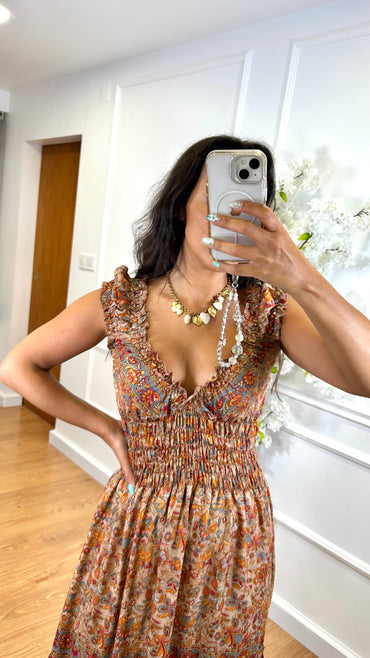 Vestido Indiano Estampado Taupe