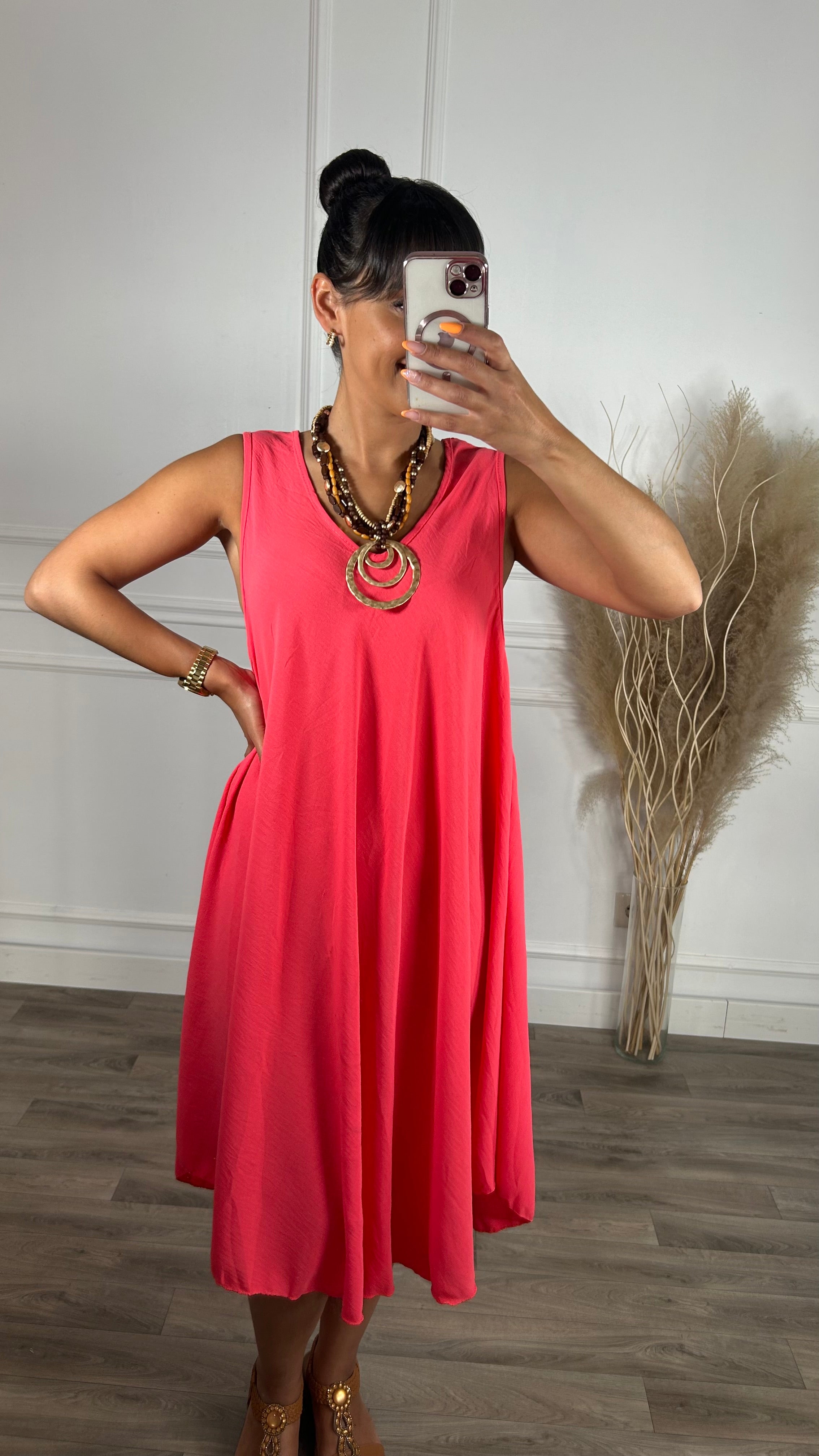 Vestido oversize de alças larga Midi Rosa