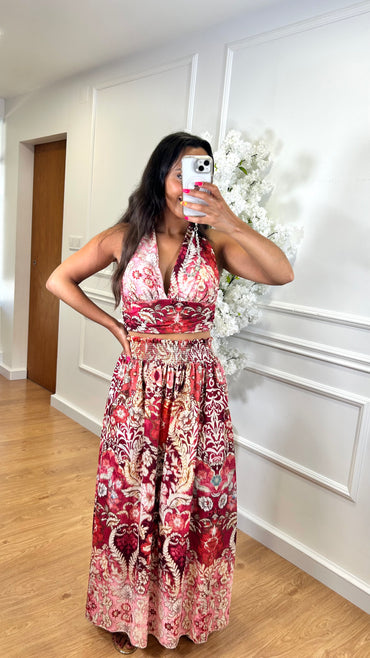 Conjunto Top + Saia com estampado em Bordo