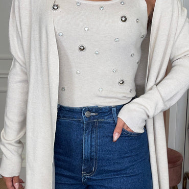 Conjunto Top com brilhos + Casaco Bege
