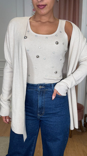 Conjunto Top com brilhos + Casaco Bege