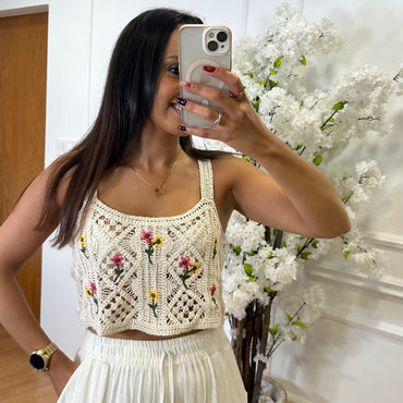 Top Crochet flores amarelo e rosa