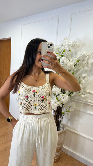 Top Crochet flores amarelo e rosa