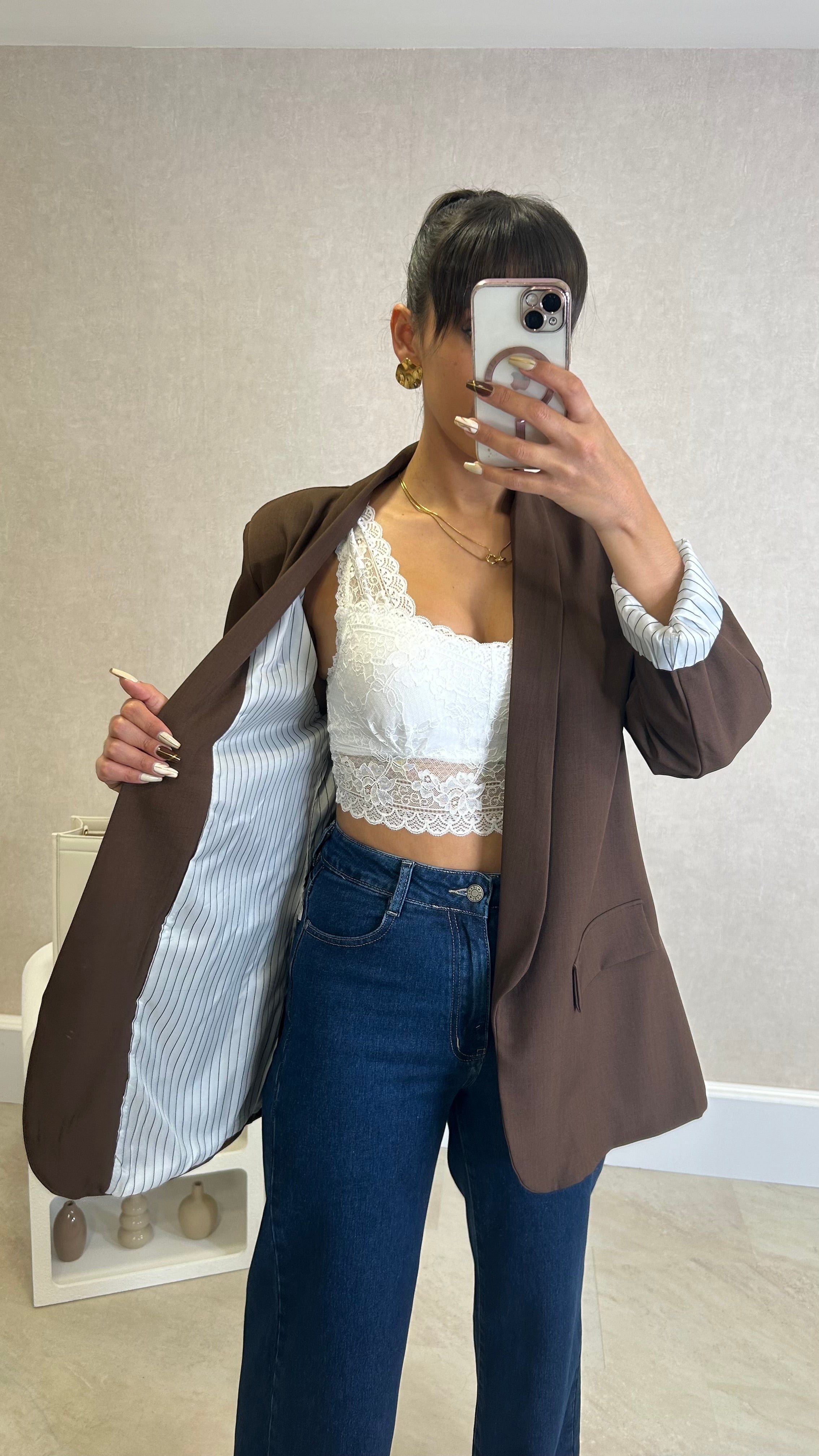 Blazer com Forro Listrado Castanho