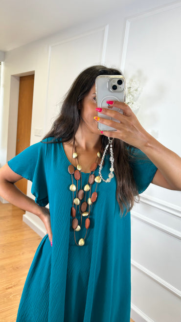 Vestido Midi oversize com folho na manga Azul petróleo