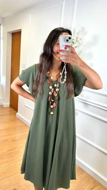 Vestido Midi oversize com folho na manga Verde Tropa