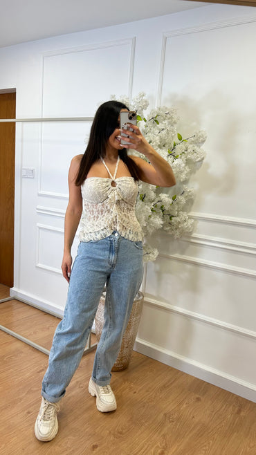 Top de renda com argola Bege